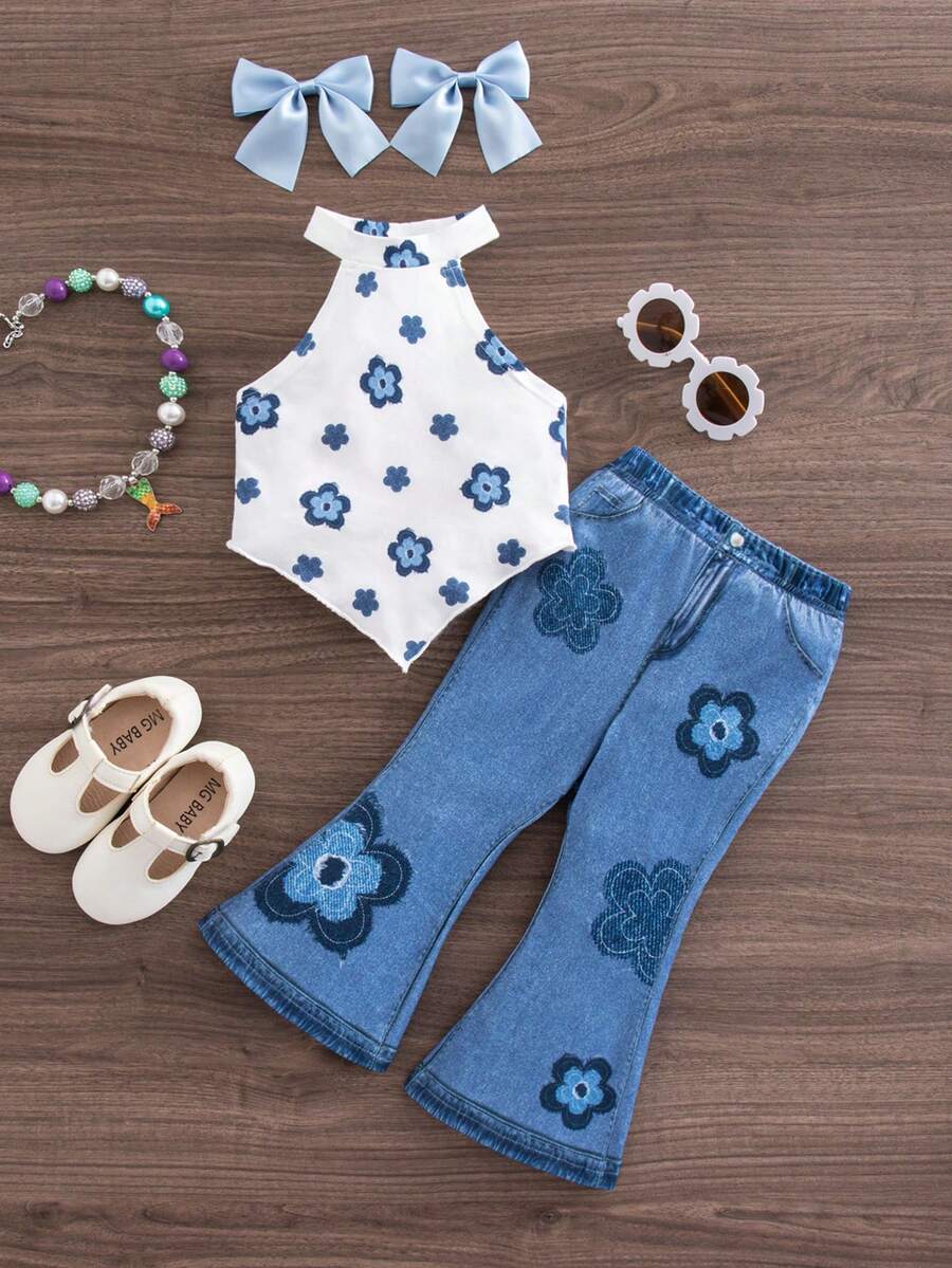 SHEIN Babygirl Casual Vacation Cute Print Camisole And Elastic Waist Pants Set Necklace-Style Top, Blue Flared Pants, Fashionable Girl's Two-Piece Set, Floral Print Set, Casual Set, Outing Set, Casual Home Clothes Top And Pants - Multicolor - View 1