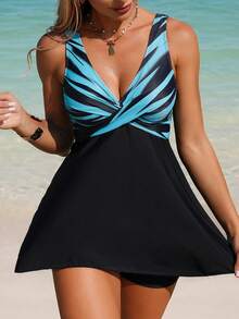 Swim Lushoire New Printed Patchwork V-Neck Tankini Swimsuit Set For Women, Spring/Summer - Multicolor - View 5
