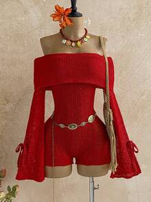 Soleia Women's Vacation Beach Solid Color Off-Shoulder Hollow-Out Knitted Romper  New Year Dress Elegant Dresses For Party Red Dress  Elegant Dresses For Party Red Dress For Women Sweater - Red - View 7