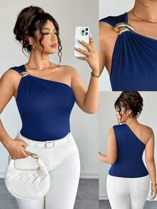 Elenzga Plus Size Women Metallic Pleated Blouse In Navy Blue Royal Blue One Shoulder Top One Sleeve Top One Shoulder Blouse Women Sexy Tops Women Sleeveless Tops - Blue - View 1