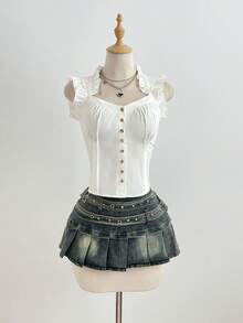 SHEIN Unity 女士休闲衬衫，饰有纽扣、荷叶边袖子和褶裥设计 - 白色 - 查看 1