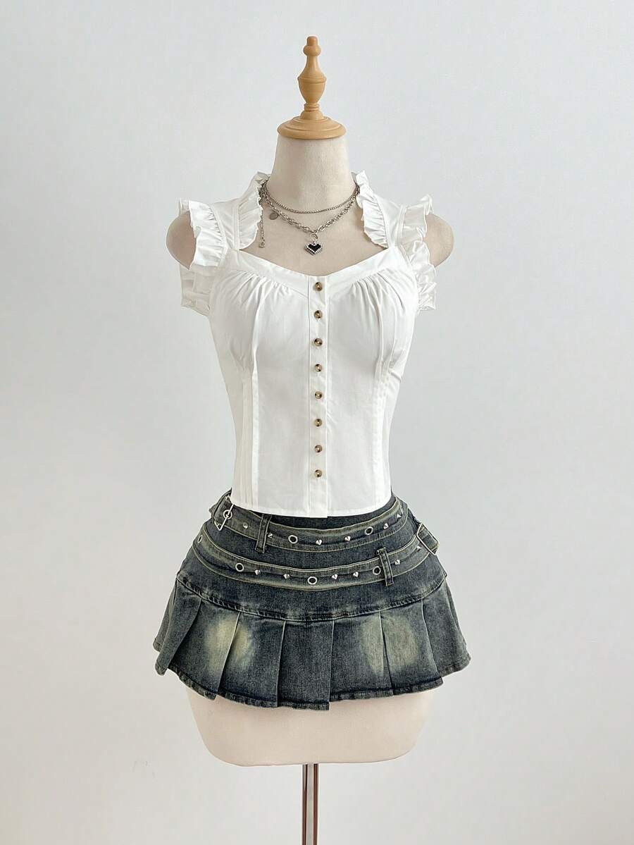 SHEIN Unity 女士休闲衬衫，饰有纽扣、荷叶边袖子和褶裥设计 - 白色 - 查看 1