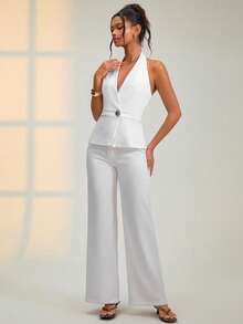 SHEIN Damen Weiße Kreuzknopf Wickel-Weste - Ärmellos, Regular Fit, dekorative Goldknöpfe, elegante Nicht-Stretch Blazer-Stil - Weiss - Übersicht 4