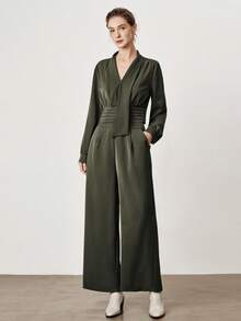 Aalyst Women's Woven Solid Turtleneck Long Sleeve Pleated Fitted Blouse Paired With Loose Straight Leg Pants, Elegant Professional Office Wear, Autumn/Winter 2 Pieces Set - Green - View 1