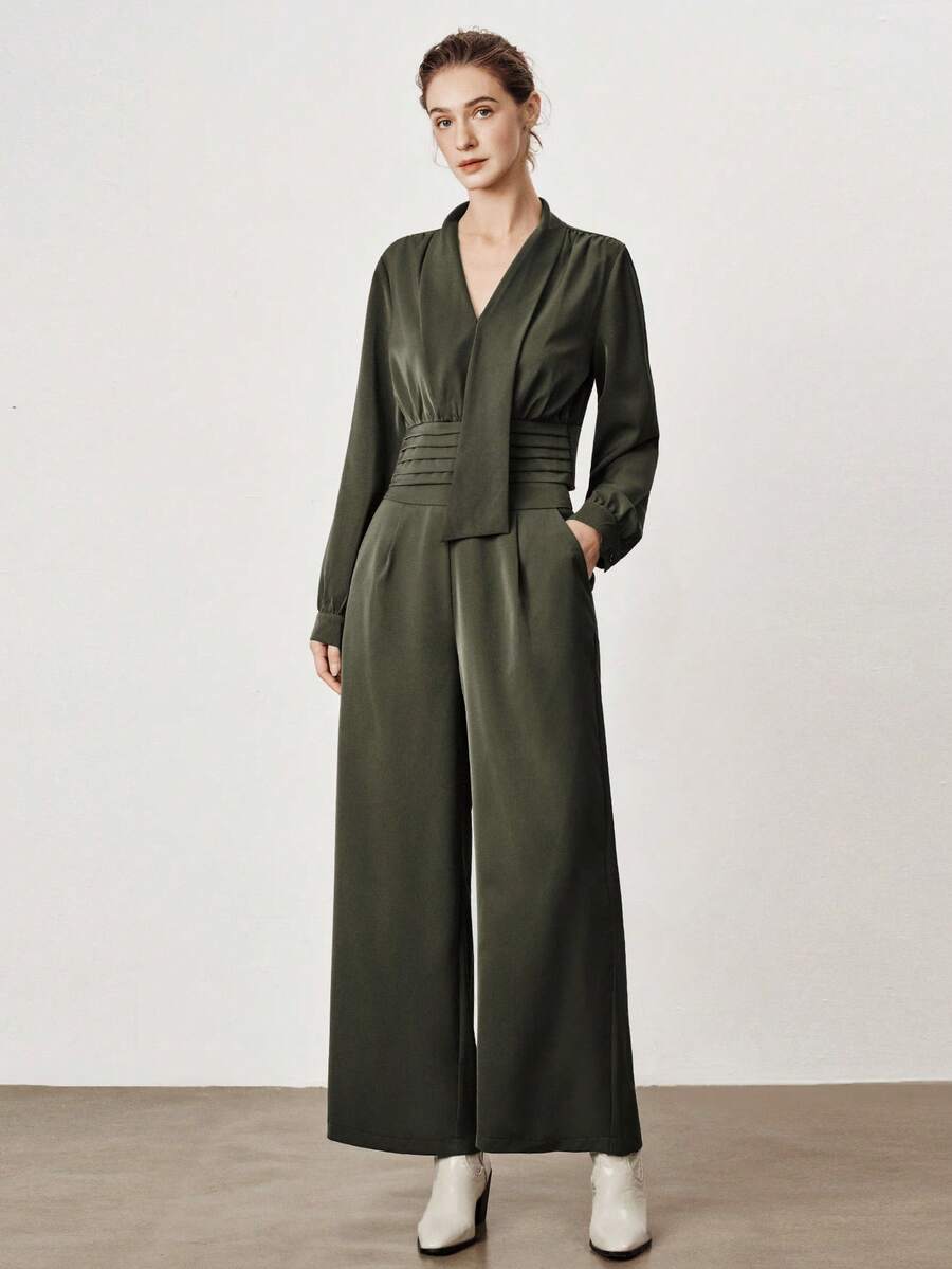 Aalyst Women's Woven Solid Turtleneck Long Sleeve Pleated Fitted Blouse Paired With Loose Straight Leg Pants, Elegant Professional Office Wear, Autumn/Winter 2 Pieces Set - Green - View 1