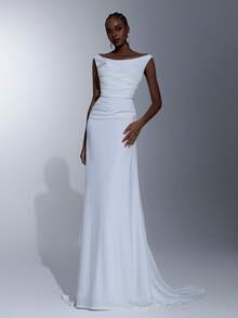 Elitara Elegant Romantic French Maiden Style Deep V-Neck Pleated Mermaid Hem Women's Wedding Dress, Banquet Gown, Evening Dress - White - View 5