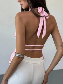 Aloruh Young Lady's Halter Neck Backless Sequin Patchwork Deep Purple-Red Women's Tank Top - Pink - View 2