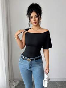 Elenzga Asymmetrical Asymmetric Shoulder Design Slim Fit Women T-Shirt - Black - View 6