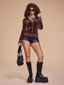 ROMWE Grunge Punk Sudadera con cremallera de terciopelo con decoración de rhinestones, ajustada para mujer, estilo Y2K - Café integral - Ver 7