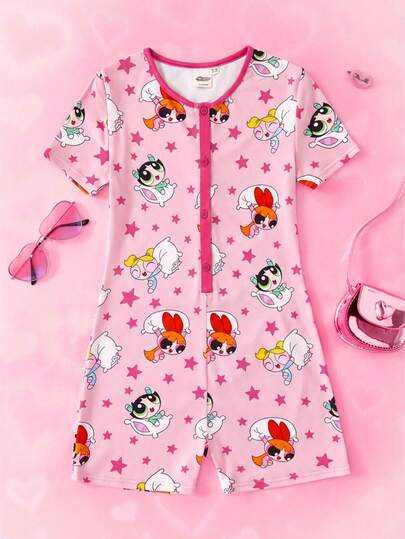 THE POWERPUFF GIRLS X SHEIN Mono de manga corta transpirable con estampado de estrellas de dibujos animados, dulce para el verano, para niña preadolescente