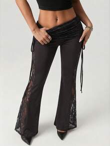 SHEIN ICON 女士黑色蕾丝侧拼接腰部抽绳喇叭裤，性感度假风