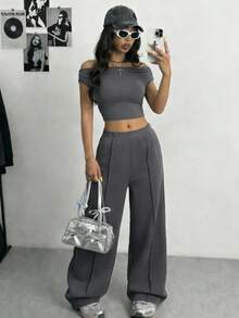 少女优雅通勤休闲露肩无袖短款上衣+宽松阔腿运动裤针织上衣套装 - 灰色 - 查看 2