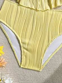 SHEIN Ensemble de bikini à col ras-du-cou en tricot texturé jaune pour adolescentes, idéal pour les vacances à la plage au printemps/été - Jaune citron - Voir 4