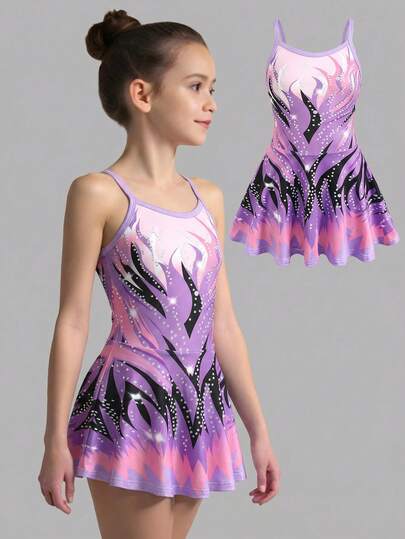 SHEIN 少女彩色渐变印花芭蕾舞裙、运动排球瑜伽连体衣