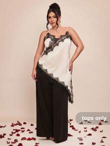 SHEIN BAE Áo kiểu thanh lịch viền ren đen trắng cho ngày Valentine xuân/hè, áo gợi cảm cỡ lớn. - Đen và trắng - Xem 5