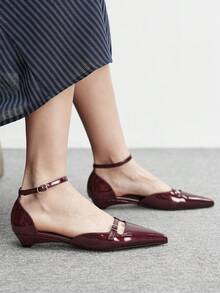 CUCCOO BIZCHIC Zapatos de tacón bajo de punta fina negros, sencillos y elegantes, versátiles, con tira trasera. Nuevos zapatos planos de bajo empeine para ir al trabajo, con correa en el talón, adecuados para la oficina en primavera/otoño - Espejo burdeos 225B - Ver 4