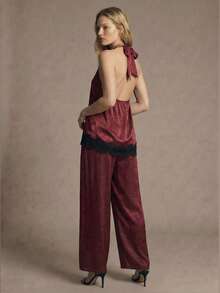 Maija Women's Contrast Lace Pleated Halter Top And Pants Fashion 2 Pieces Set - Burgundy - View 2