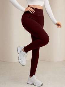 Modelyn Quần legging nữ màu trơn, thiết kế cài nút ở eo, kiểu dáng thường ngày thoải mái. - Màu Đỏ Sâu - Xem 3