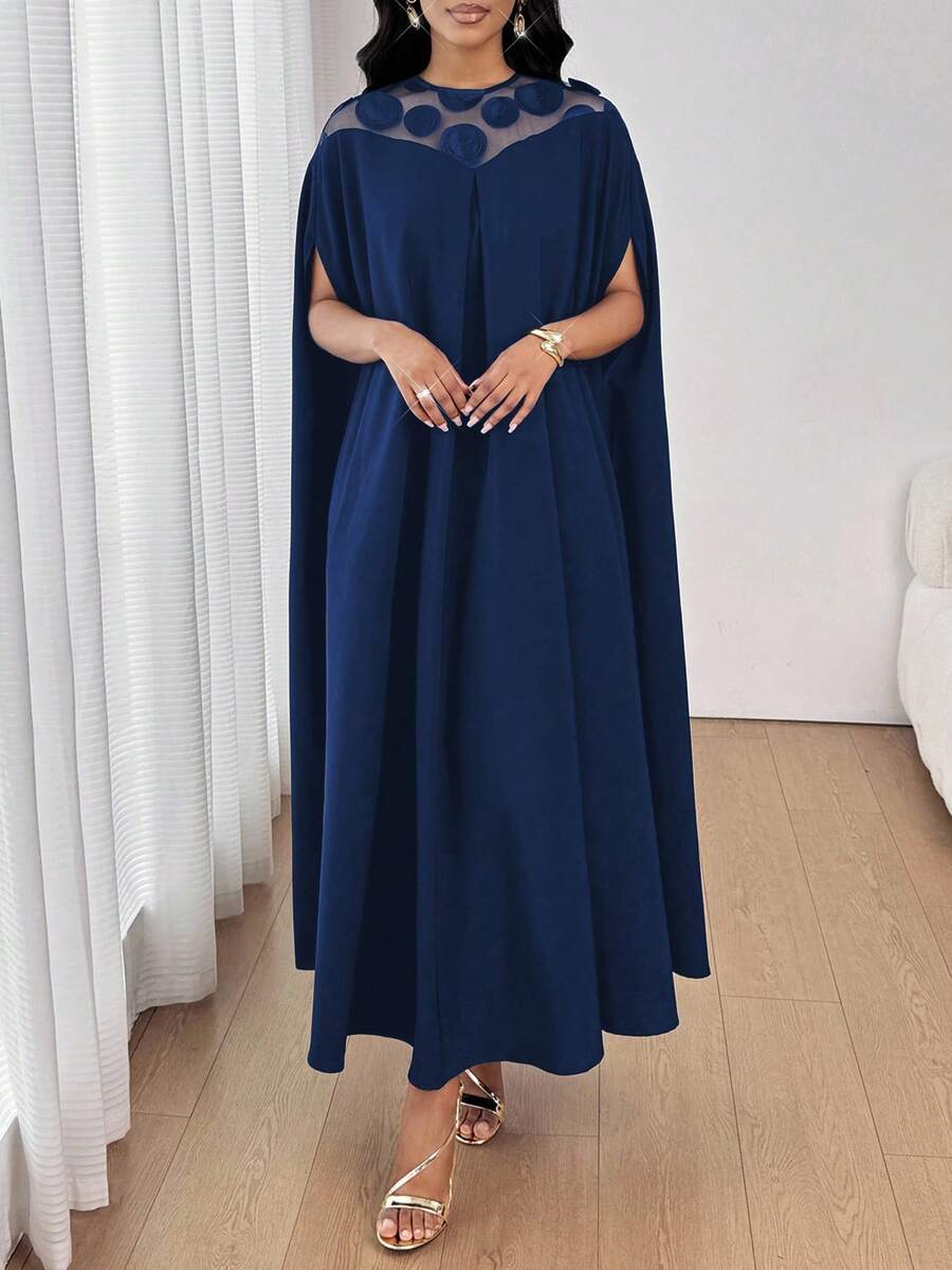 SHEIN Lady 女士优雅派对网眼拼布斗篷袖连衣裙 - 藏蓝色 - 查看 1