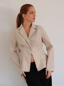 SILVIA DI SANTO 女士休闲亚麻收腰长袖翻领薄款西装外套，杏色，秋冬 - 杏色 - 查看 4