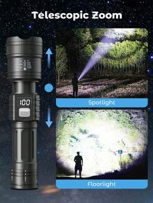 Teckwe High Power Long Range LED Flashlight Tactical Light, LCD Power Display USB Rechargeable Light Telescopic Zoom Torch Camping Lantern, Suitable For Multiple Scenarios - Black - View 2