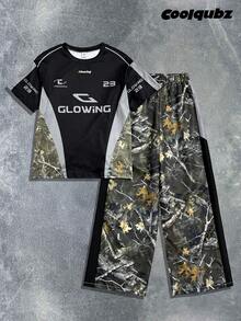 Tween Boy Letter Print Crew Neck Short Sleeve T-Shirt And Branch Print Wide Leg Pants Casual Outfit - Multicolor - View 3