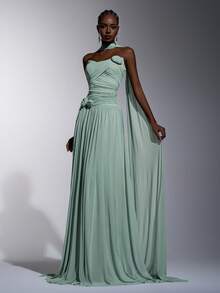 Elitara Elegantes, romantisches, modisches mintgrünes elastisches Mesh-Stoff trägerloses gerafftes dekoratives handgemachtes 3D-Blumen-Halter-Dekor mit großer A-Linie Silhouette, elegantes Partykleid, Hochzeitsgast-Kleid, mintgrünes Kleid, modisches elegantes Abendkleid, Brautjungfernkleid, formelles Abendkleid - Grün - Übersicht 5