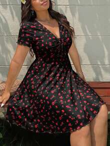 Solflare Plus Size Women's Black Ditsy Floral Casual Front Tie Short Sleeve Dress - Black - View 6