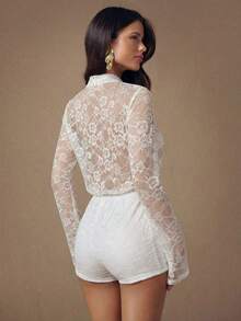 SHEIN BAE 女士纯色蕾丝深V领透视性感长袖连体裤 - 白色 - 查看 2