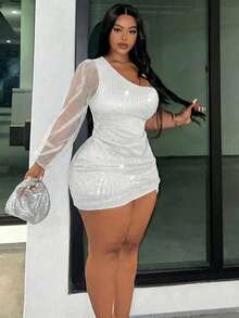 Slaydiva Plus Size Women Solid Color Sequin Contrast Mesh Lantern Sleeve Sexy Elegant Dress - White - View 7