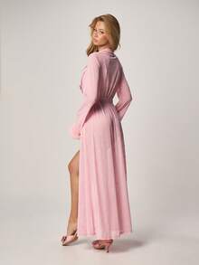 Missguided x Playboy Luxurious Maxi Robe With Faux Fur Cuffs Loungewear Nightwear Long Sleeve Bathrobe Tie Waist Sleepwear Comfort - Pink - View 3