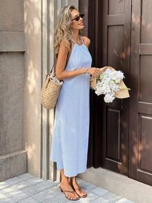 Pariaura Đầm nữ đi nghỉ mát kẻ sọc hở lưng, cổ yếm chéo - Xanh và trắng - Xem 4