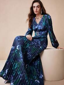 Arave Đầm maxi dài tay cổ chữ V nhuộm màu tie-dye đính đá và cúc kim loại, kiểu dáng thanh lịch, thắt eo, thích hợp cho kỳ nghỉ và tiệc tùng. - Nhiều màu - Xem 2
