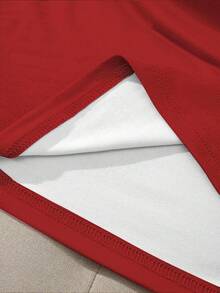 SHEIN 女士撞色条纹爱心图案圆领T恤，休闲日常穿着 - 紅色 - 查看 3