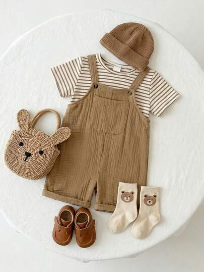 SHEIN Playful Pals 2pcs Baby Boys Toddler Infant Kids Retro Boho Casual Brown White Striped Print Short Sleeve Round Neck T-Shirt Tee Top And Solid Color Khaki Crinkled Texture Suspender Shorts Overalls Dungarees Shortalls Jumpsuit Set With Pocket Soft Lightweight Comfortable Outfit Sets Clothes For Summer Beach Vacation Photo Shoot
