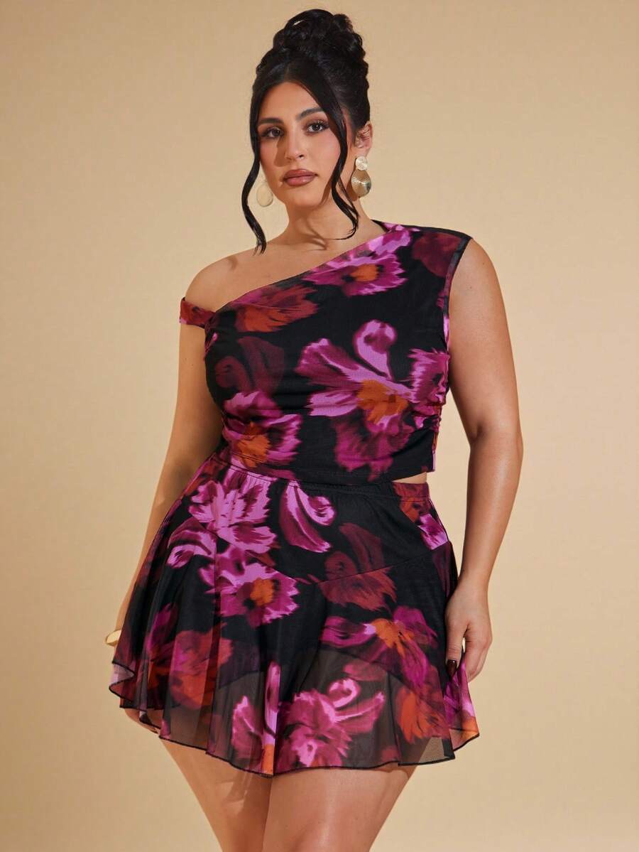 SHEIN BAE 大码优雅印花不对称肩部上衣和半裙两件套，夏季 - 紫色 - 查看 1