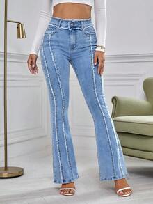 EMERY ROSE Quần jeans ống loe có túi, gấu quần rách cho nữ cỡ lớn - Màu xanh lam - Xem 4
