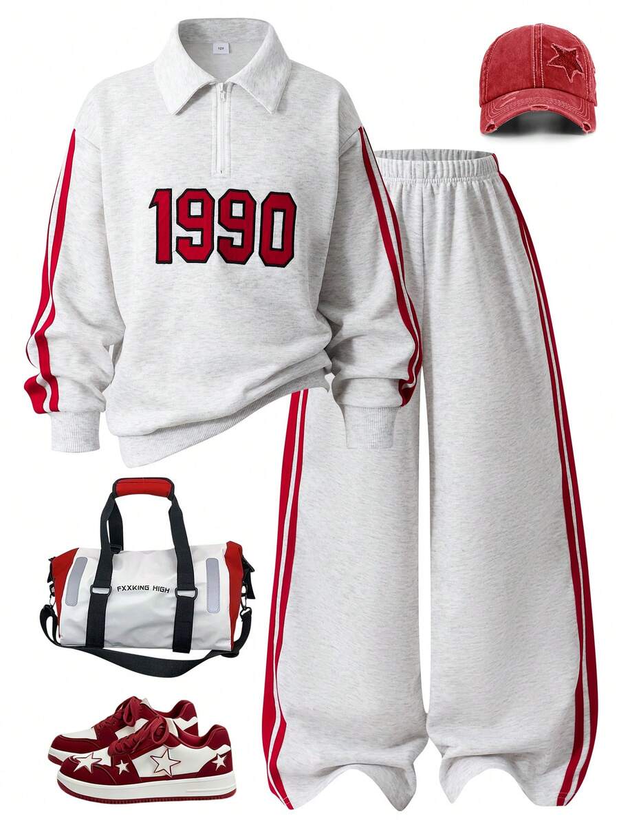 Set 2pcs/Set Sweatshirt Polo Kerah Minimalis Kasual untuk Anak Perempuan, dengan Hiasan Pita Merah di Lengan dan Sisi Celana, Desain Cetak di Bagian Depan, Cocok untuk Sekolah, Jalan-jalan, Berjalan-jalan, Dapat Dipadukan dengan Jaket, Rompi - Grey - View 1