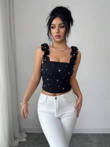 Elenzga Elegant French Jewel Decor Rhinestone Camisole Sleeveless Knit Elastic Bodycon Tight Black Top, Fashionable For Vacation Wear, Layering Or Standalone, Spring/Summer Women Top Ribbed Top Studded Top Ruffle Top - Black - View 4