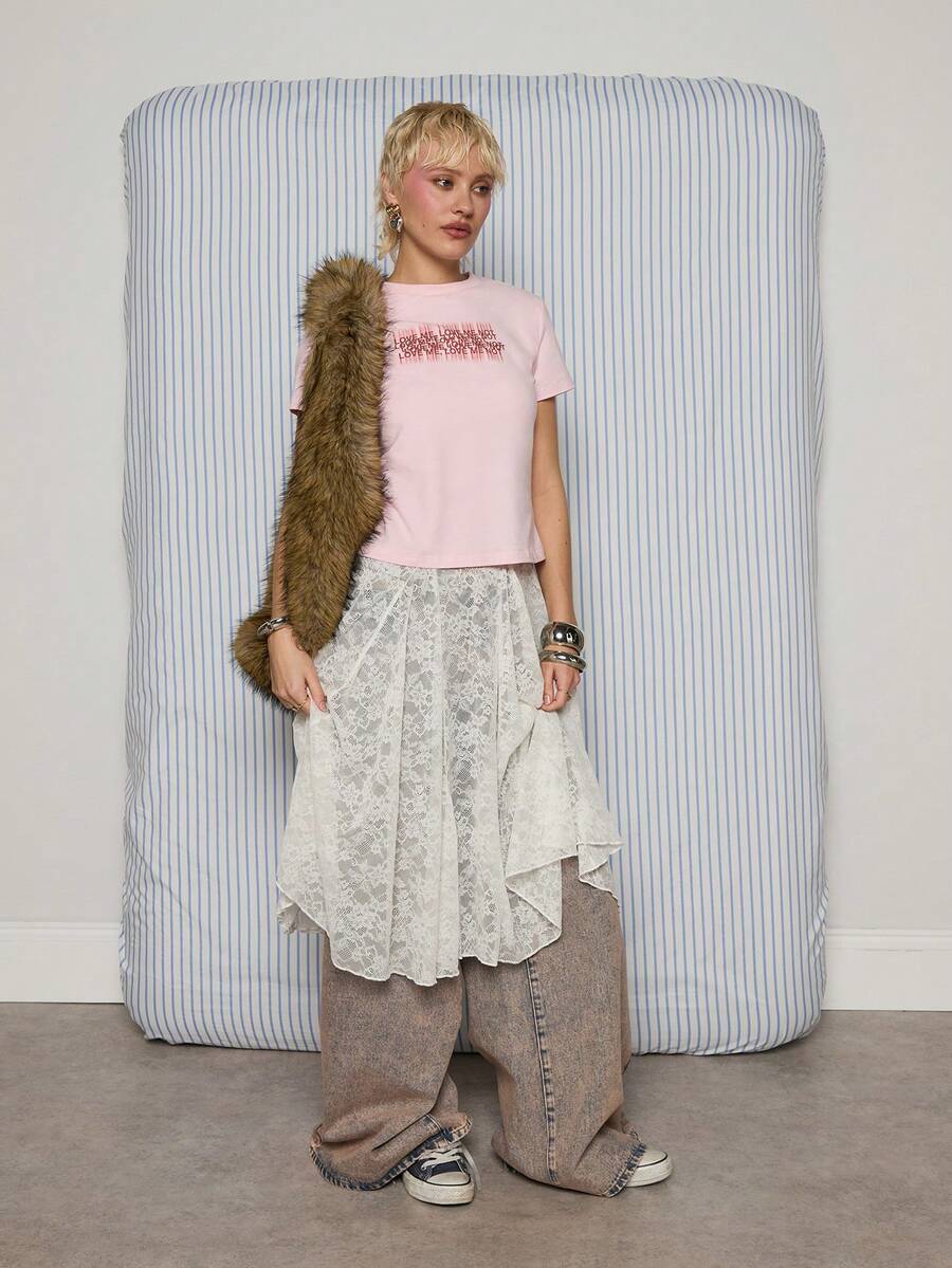 COUREZ “爱我”印花短袖缩水T恤 / Y2K 春季可爱性感女式上衣 粉色外出派对上衣 约会之夜 情人节 - 粉色 - 查看 1