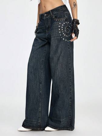 Grunge Punk Damen Jeans mit Taschen, Knöpfen, Nieten und Vintage-Waschung, weite Beine für den Alltag