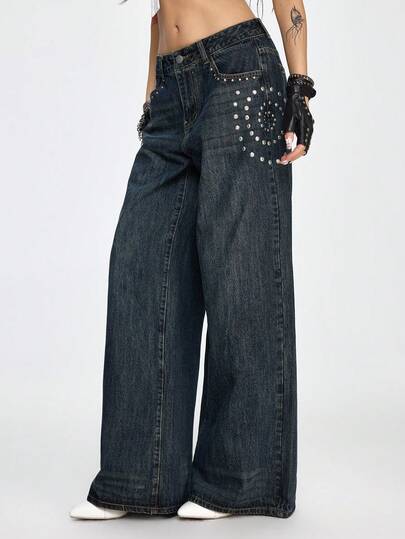 Grunge Punk Jeans de pierna ancha con lavado vintage, botones, remaches y bolsillos para mujer