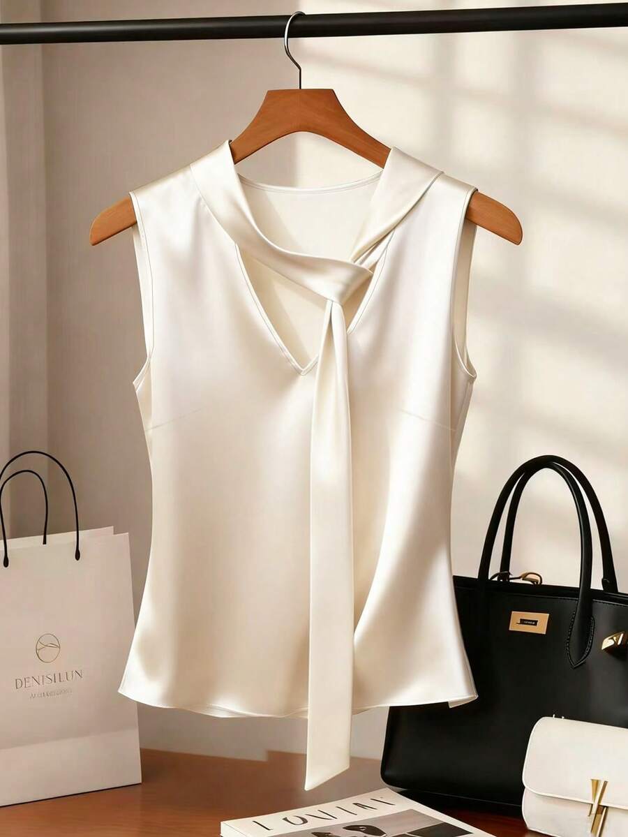 Franclia 优雅系带白色缎面无袖衬衫，新款春夏衬衫 - 杏色 - 查看 1