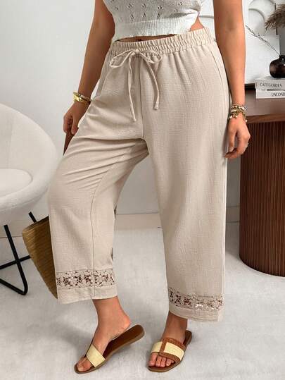 Ceyna Plus Size Bubble Crinkle Hollow Floral Trim Drawstring Casual Pants, Versatile For Spring/Summer