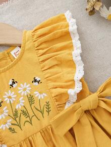 Cozy Pixies Baby Girl Floral Print Round Neck Cap Sleeve Waist Dress - Yellow - View 6