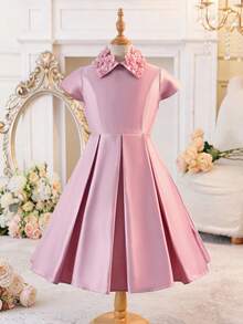 SHEIN Tween Girl Casual Elegant 3D Floral Collar Waist Cinched Dress, Princess Dress, Pink Party Dress Suitable For Party, Wedding, Holiday, Pink Dress, Wedding Season, Birthday Party, Valentine's Day, Pink Flower Collar Dress, Pink Puffy Dress Girls, Pink Formal Dress For Kids, Elegant Pink Dress Kids, Girls Collared Dress - Pink - View 6