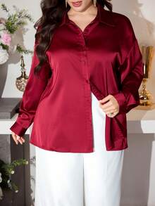 Modelyn Plus Size Women Loose Fit Satin Long Sleeve Shirt, Suitable For Commuting, Autumn - Burgundy - View 11