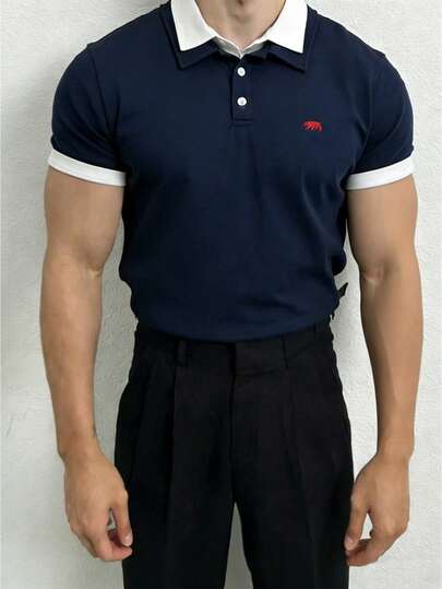Manfinity BRENVOR Men's Casual Quarter Button Double Layer Collar Short Sleeve Polo Shirt, Summer