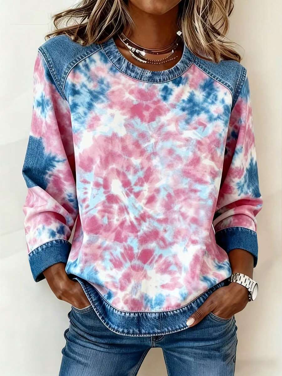 EMERY ROSE Women's Tie-Dye Print Crew Neck Loose Casual Long Sleeve T-Shirt - Multicolor - View 1