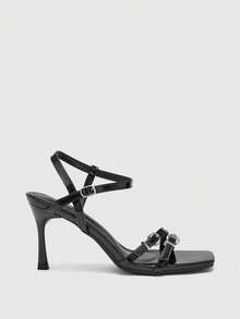 CUCCOO BIZCHIC Sandalias de tacón con punta cuadrada casual y sencilla para mujer - Laca negra - Ver 2